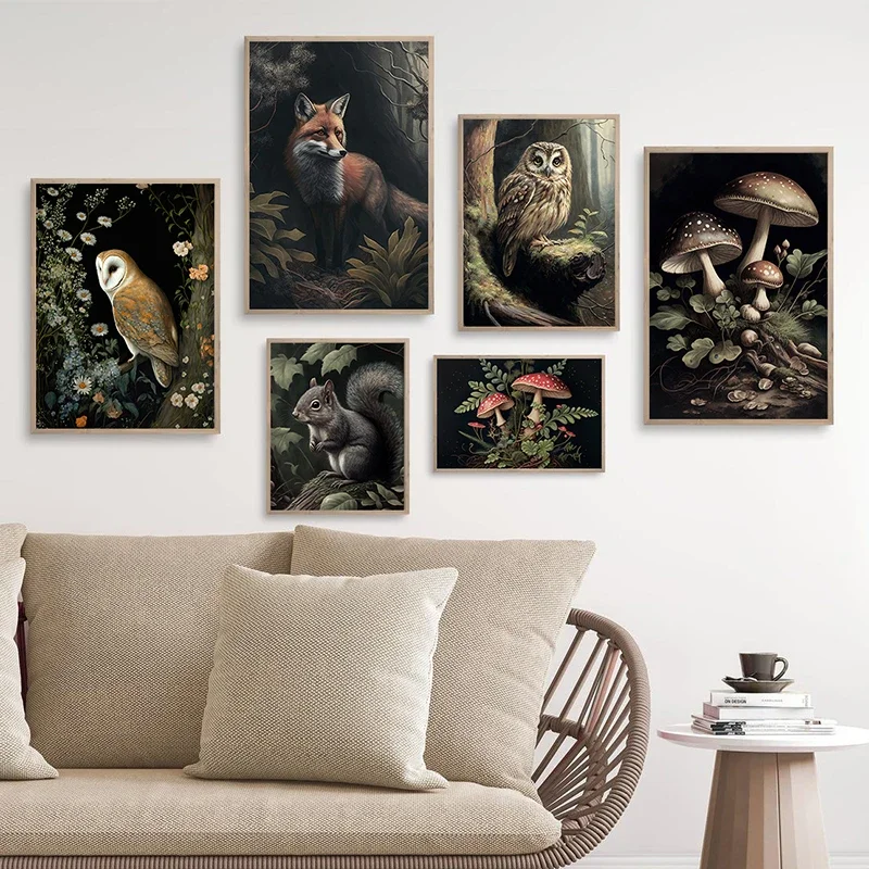 Скандинавский минималистичный эстетический рисунок на стене Интересная природа сова гриб HD печать плаката Украшение домашней спальни гостиной