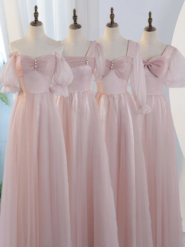 Сладкие розовые платья подружек невесты, 4 стиля, свадебные платья для сестер с открытыми плечами, Элегантное платье для выпускного вечера из жемчужного тюля трапециевидной формы
