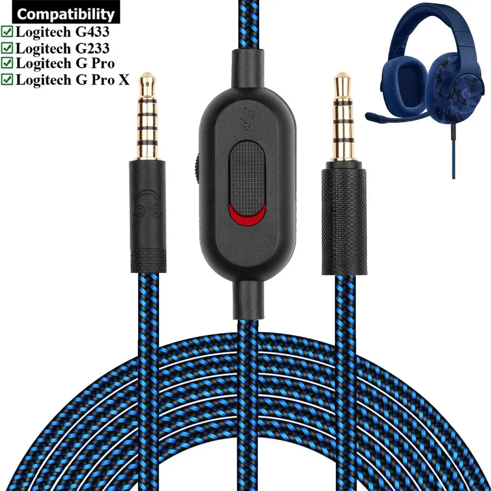 Сменный кабель-удлинитель для игровой гарнитуры Logitech G433 G233 G Pro X с зажимом для регулировки громкости отключения звука микрофона
