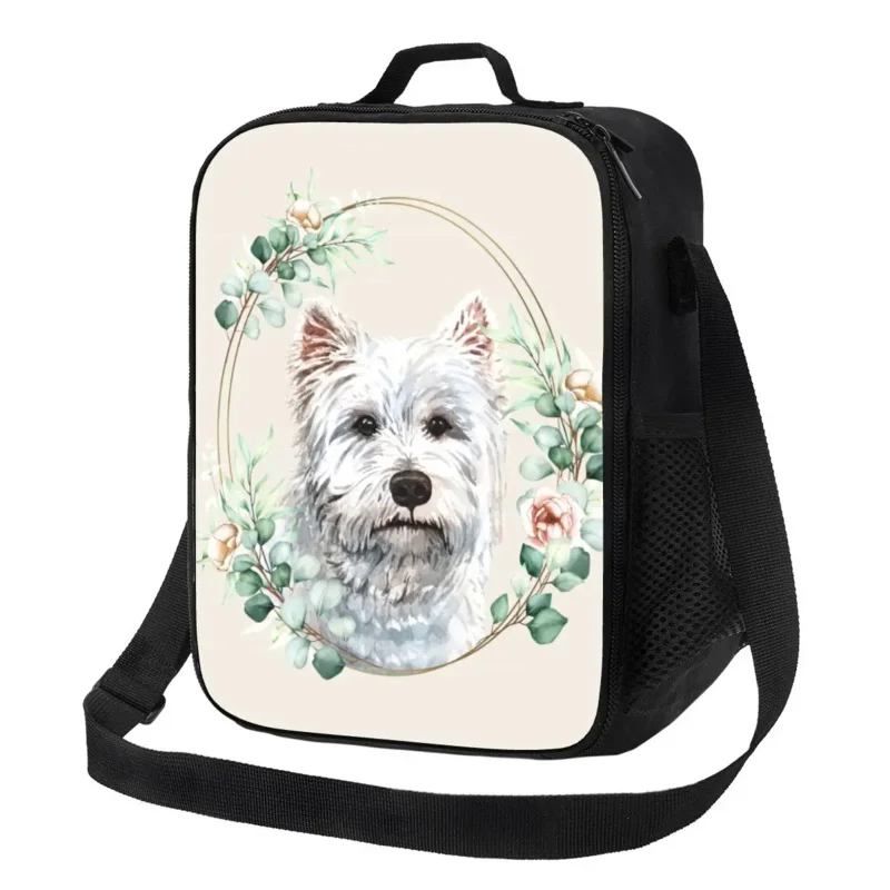 Собака Вест Хайленд Уайт Терьер в цветочном золотом венке Изолированная сумка для ланча Westie Pet Lover Cooler Термальная коробка для бенто для путешествий на пляж