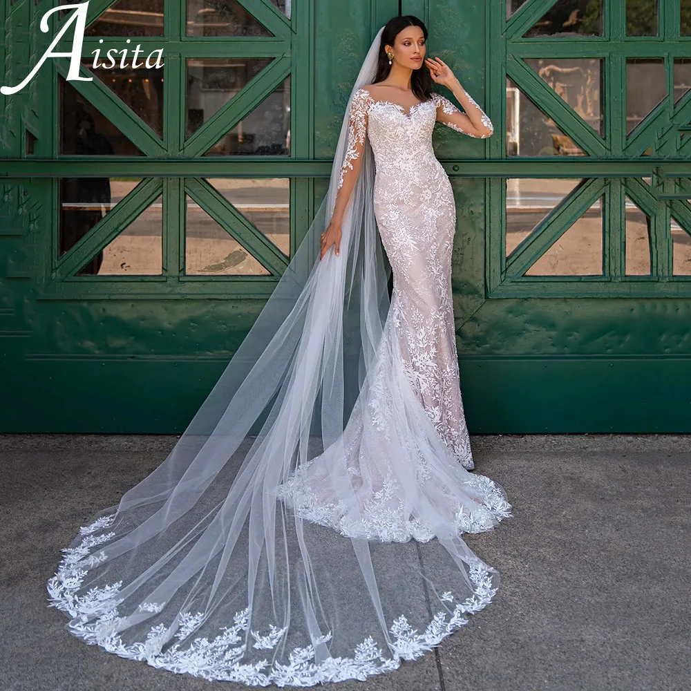 Соблазнительное свадебное платье Русалки с круглым вырезом, длинные рукава, кружевные аппликации, свадебное платье, иллюзия шлейфа сзади, Vestidos De Novia