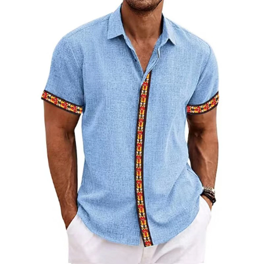Современная и стильная мужская повседневная пляжная рубашка на пуговицах с принтом, свободная блузка с коротким рукавом, футболка Синего / серого / белого / черного цвета