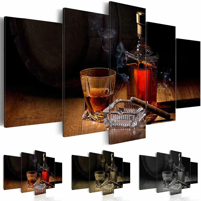Современная картина на холсте 5 штук Шампанское Сигара Модульные настенные картины для украшения дома в гостиной Без рамки