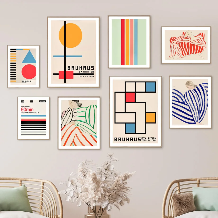 Современные принты на стенах галереи, красочный абстрактный плакат Bauhaus, девушка с геометрическими изгибами, картины на холсте для декора гостиной