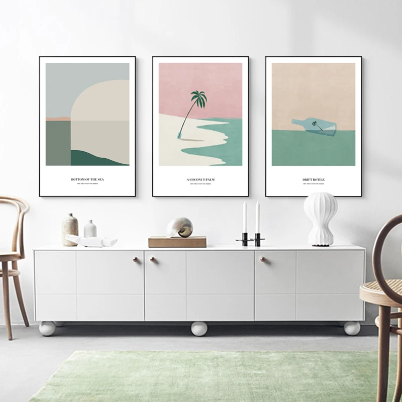 Современный розовый пляжный пейзаж, бохо-арт, скандинавская картина на холсте, минималистичное искусство, пальмовый декор стен, аниме-плакат и принты