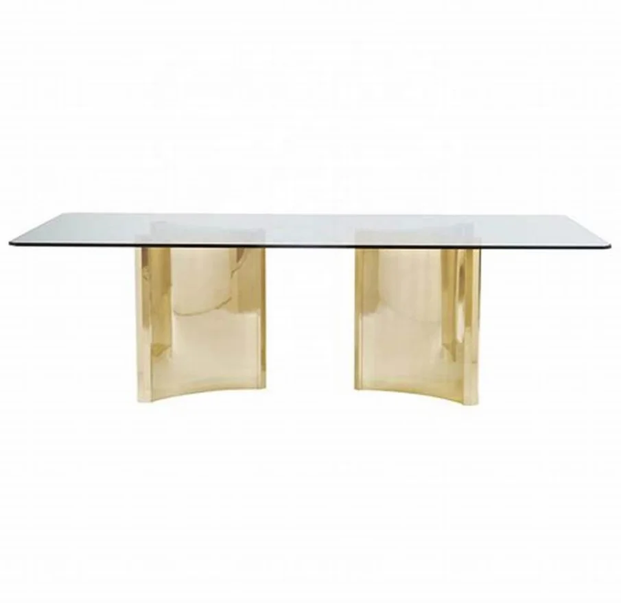 Современный роскошный золотой обеденный стол из нержавеющей стали со стеклянной столешницей