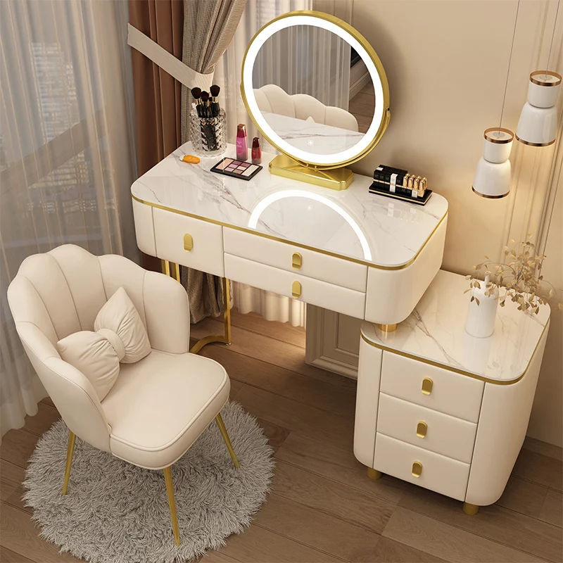 Современный туалетный столик Glod Со светлыми ручками, Белый стул, Туалетный столик, Зеркало для хранения, Туалетная мебель для спальни