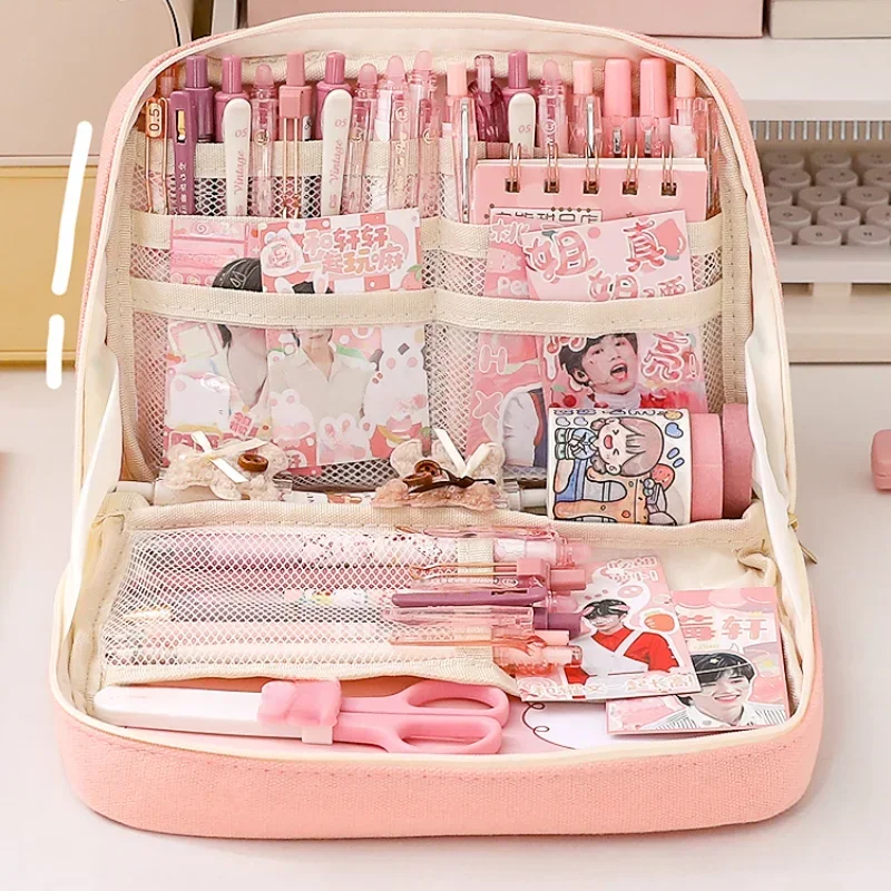 Сумка для карандашей большой емкости, Розовая эстетичная Школьная коробка для карандашей, Канцелярские принадлежности, чехол для ручек, сумка для карандашей на молнии, школьные принадлежности