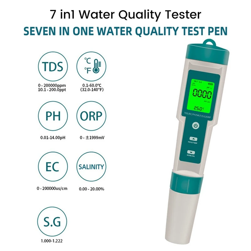 Тестер Качества воды 7 In1 PH/ORP/EC/TEMP/SALT/S.G/TDS С ЖК-подсветкой Test Pen Многофункциональный Инструмент Для анализа