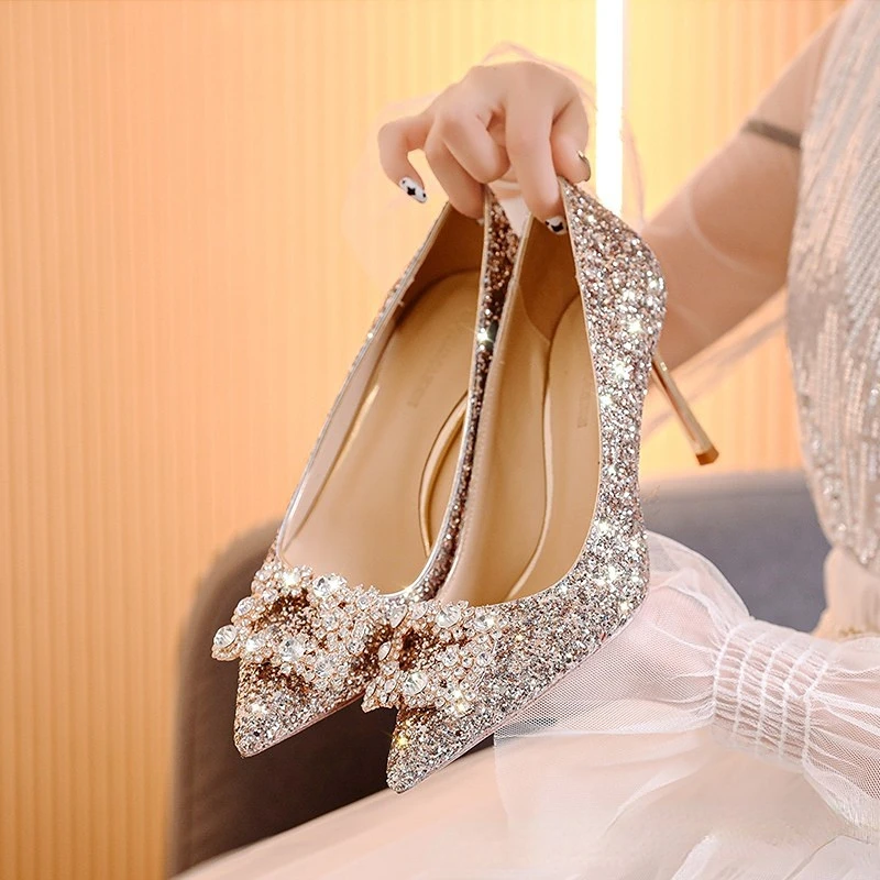туфли женские Свадебное платье Двойная обувь с украшением в виде кристаллов, свадебные туфли, обувь для подружки невесты, женская обувь на тонком каблуке с блестками, женская обувь на высоком каблуке