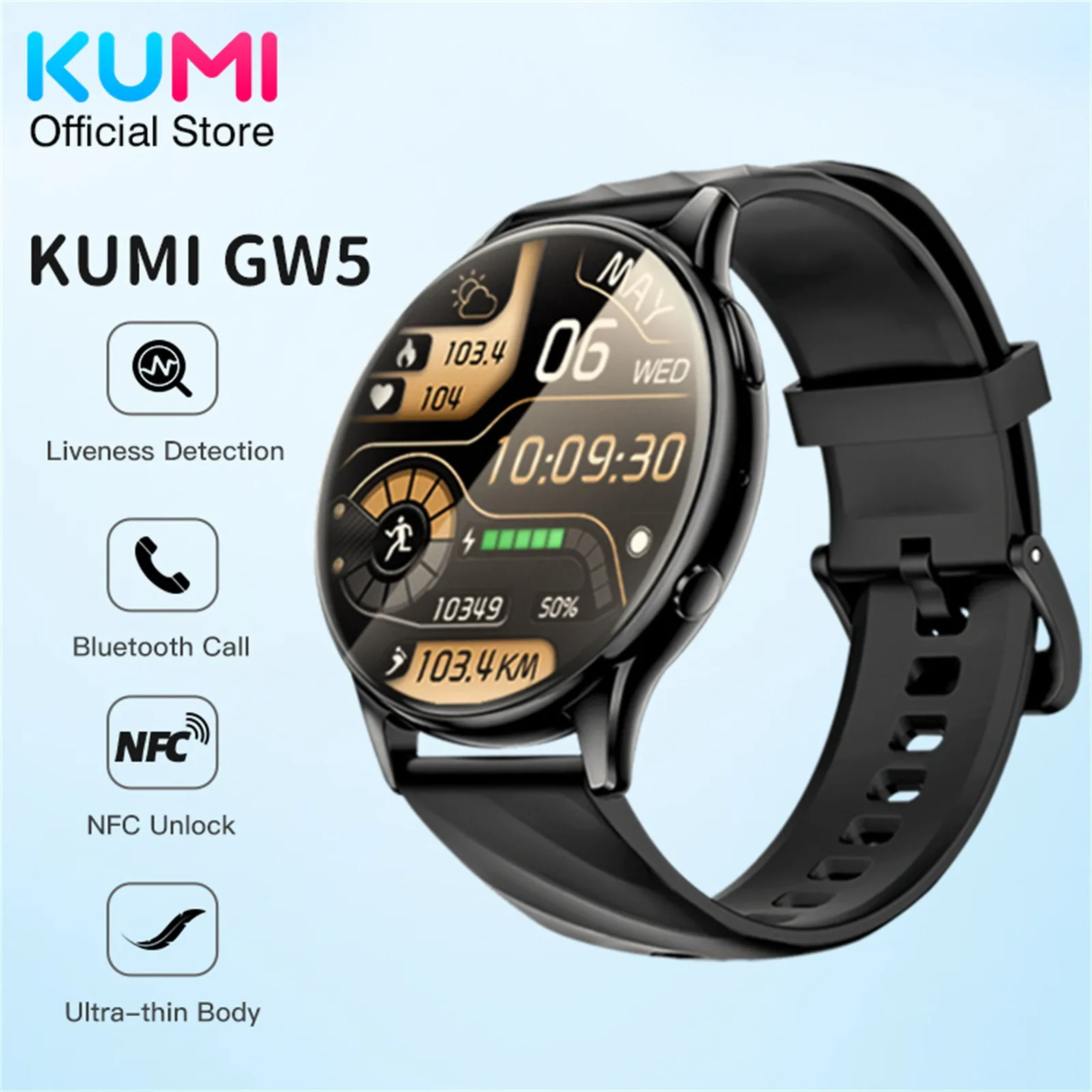 Умные Часы Kumi Gw5 1,39 Дюйма Nfc Bluetooth Вызов Спортивные Пульсометр Кровяное Давление Кислородный Монитор Водонепроницаемые Умные Часы