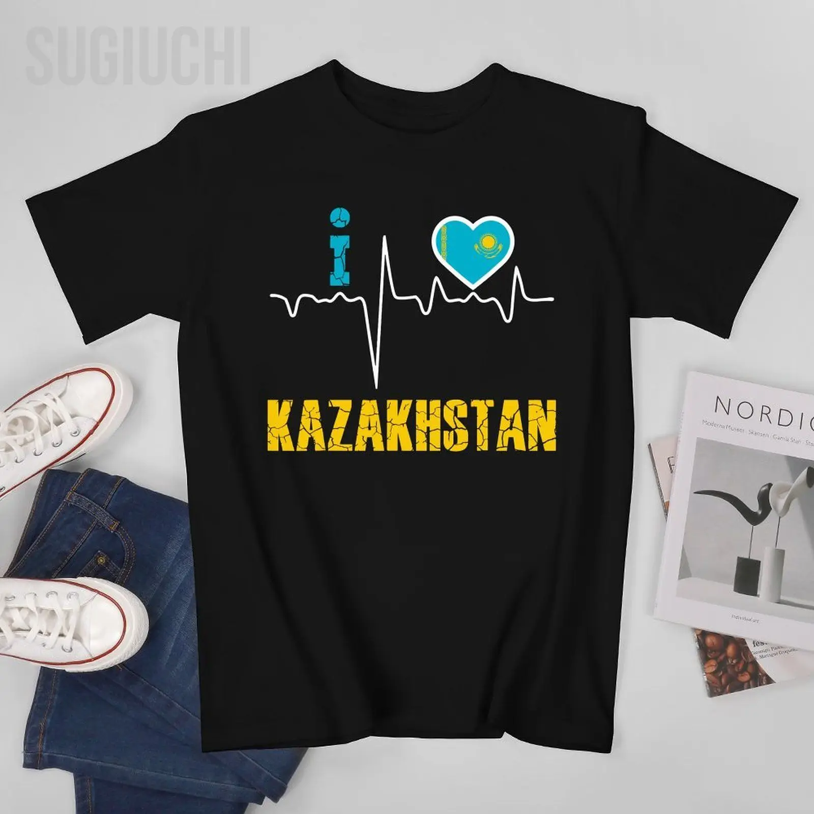 Унисекс, мужчины, я люблю КАЗАХСТАН, футболка с электрокардиограммой, футболки, женские футболки, футболки из 100% хлопка для мальчиков