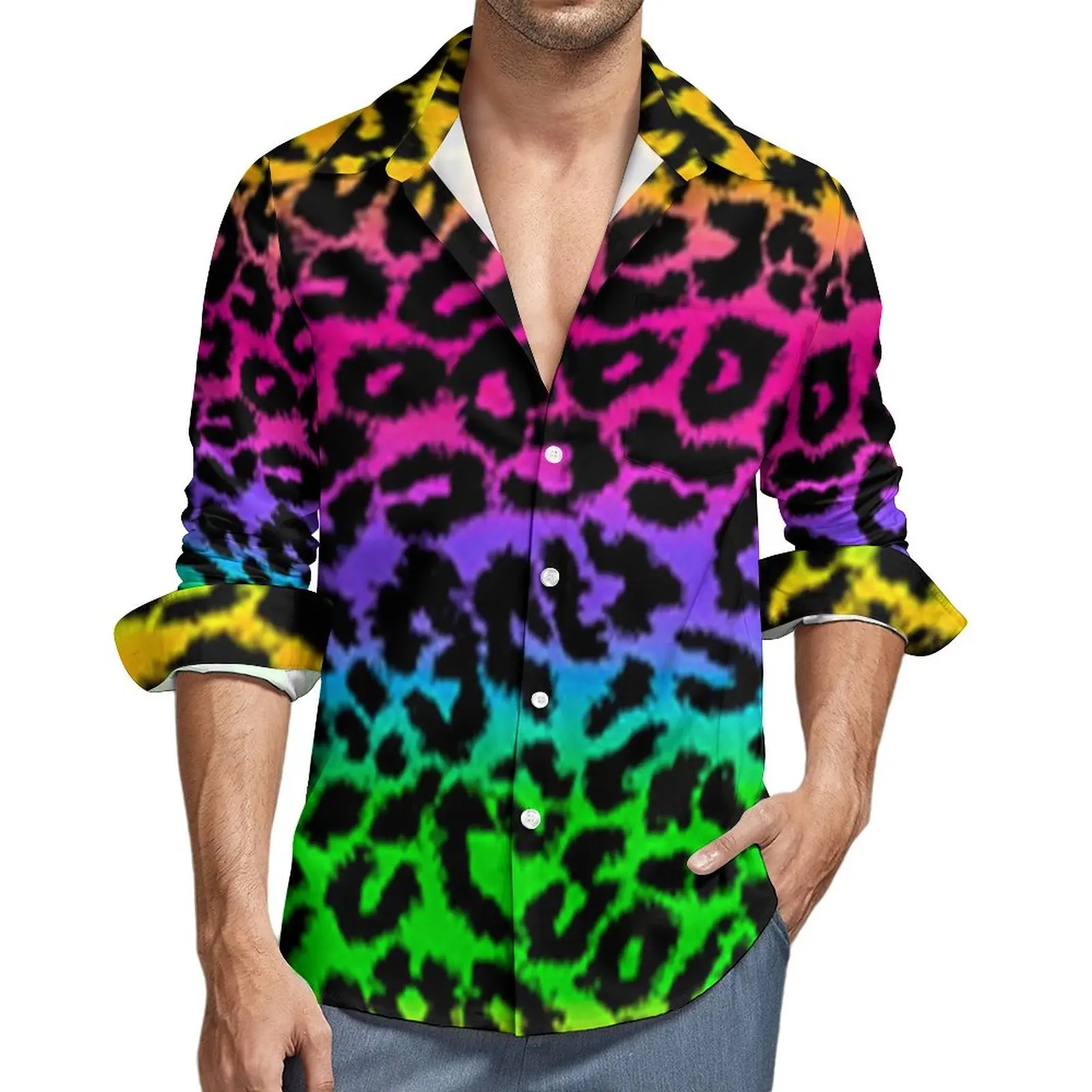 Фантастическая радужная рубашка, мужские повседневные рубашки с леопардовым принтом, осенние блузки Y2K на заказ с длинным рукавом, классная одежда оверсайз, идея подарка