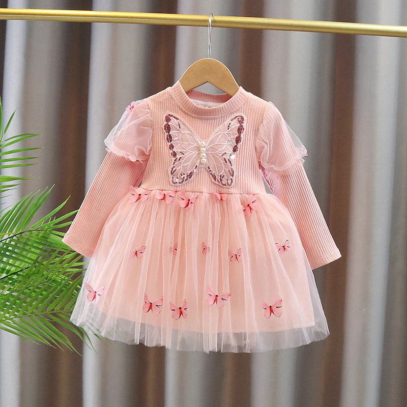 Фатиновое платье-пачка для девочек, мини-платье с длинными рукавами и круглым вырезом с рисунком бабочки для малышей, праздничное платье для маленьких девочек