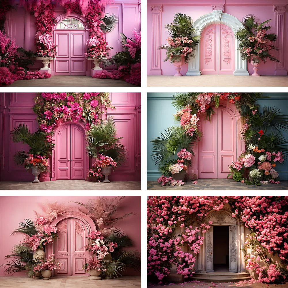 Фон для фотосъемки Mehofond Портрет Розовой принцессы на день рождения для беременных Цветочная дверь Зеленые листья Декоративный фон Студийный реквизит