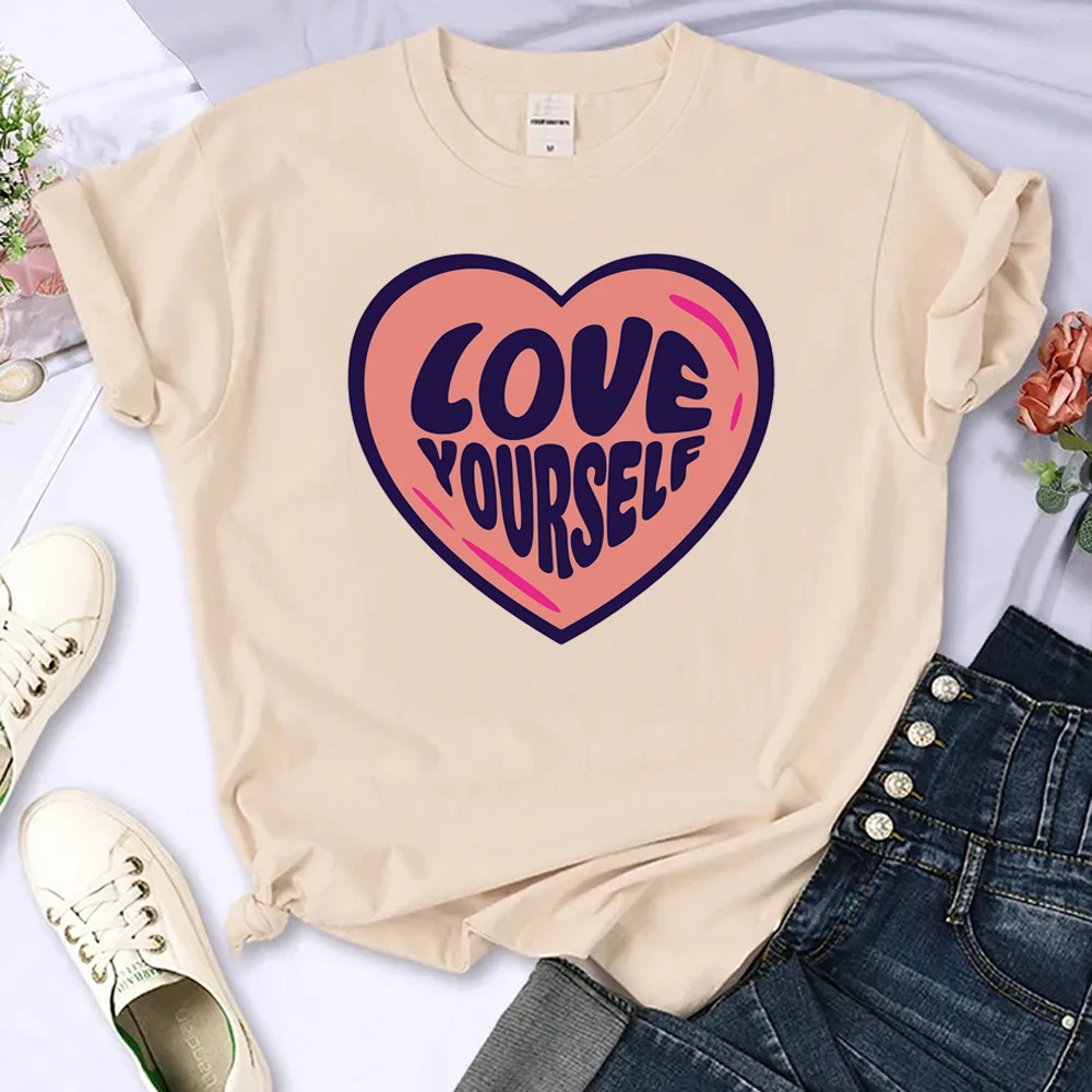 Футболка Love Yourself, женские футболки с принтом сердца, забавные футболки Y2k в стиле панк, Винтажная эстетическая одежда, топы 2000-х, футболка Женская