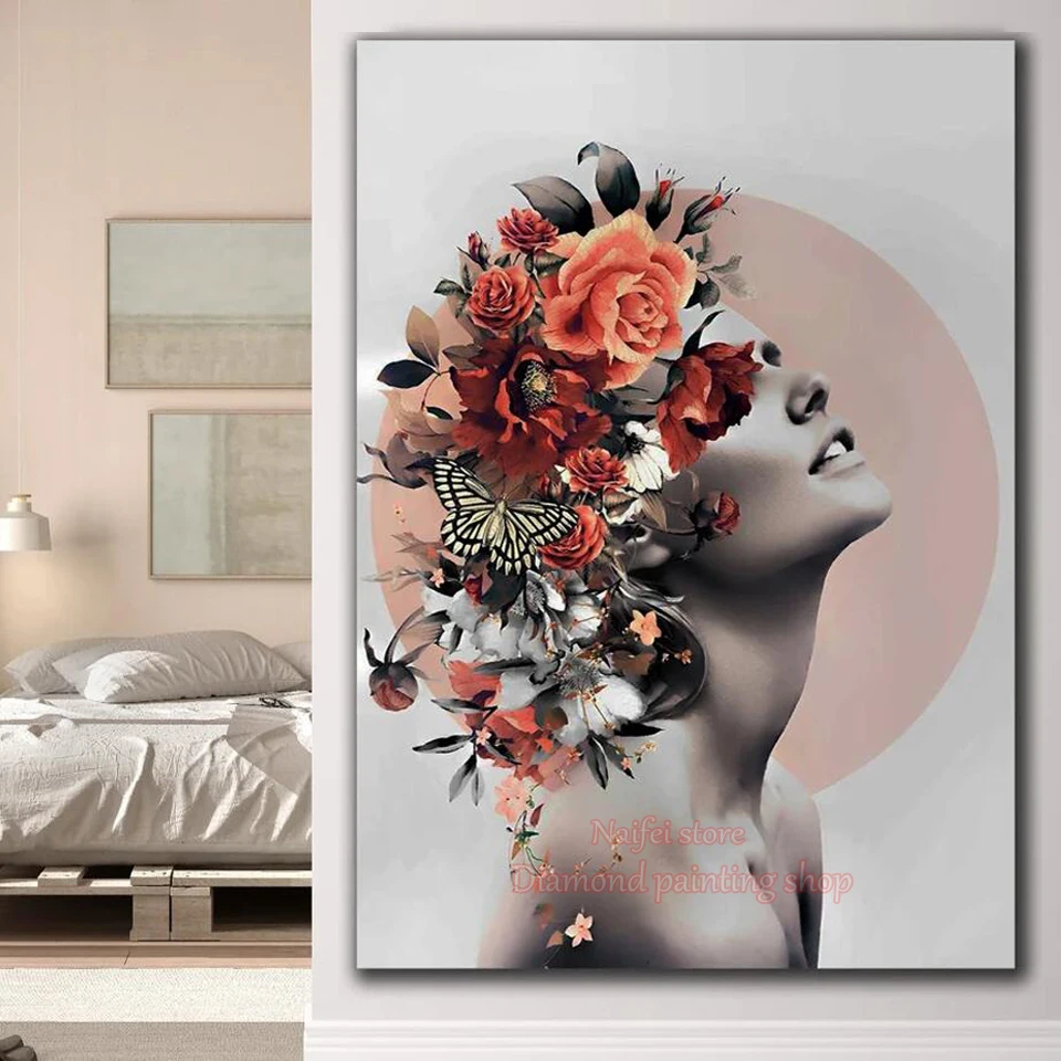 Цветочная головка Обнаженная женщина, художественная алмазная живопись, мозаика, оранжевые розы, красочные бабочки, цветы и леди, современный декор для домашнего офиса