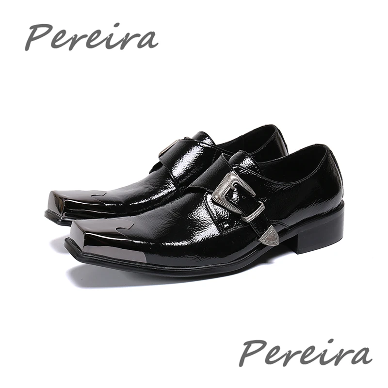 Черные мужские деловые модельные туфли с металлическим квадратным носком, обувь из натуральной кожи, модные мужские официальные лоферы из воловьей кожи с пряжкой, большой размер