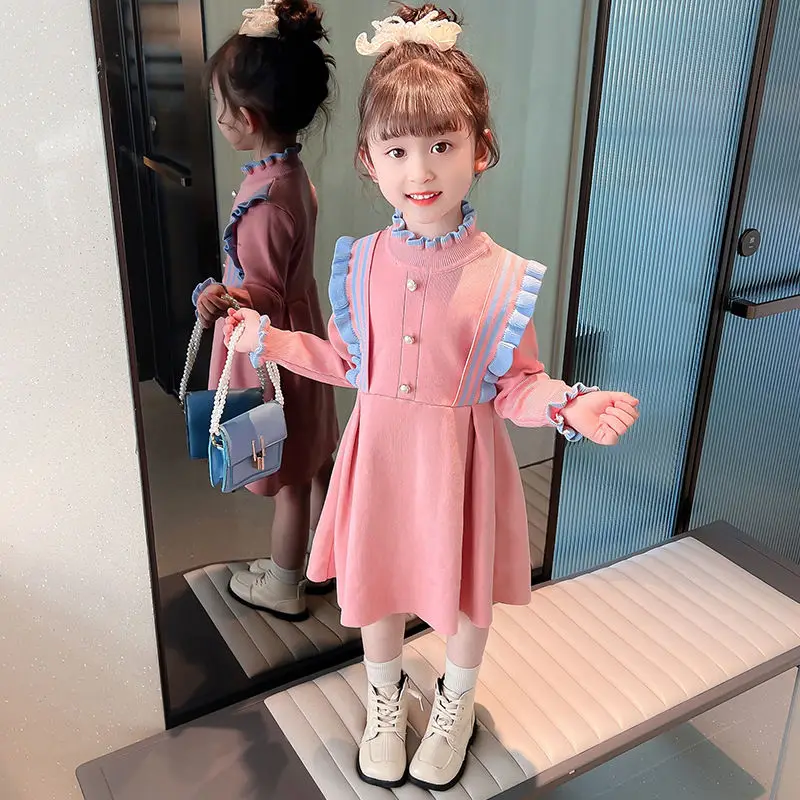 Шерстяное платье для девочек, осенне-зимнее новое трикотажное платье 2023, детская юбка французской принцессы в западном стиле