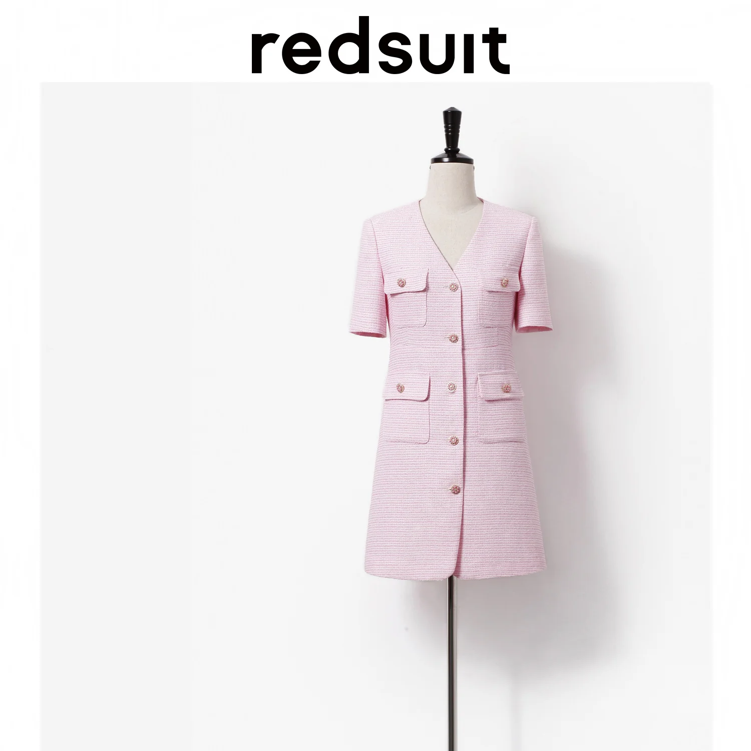 Элегантное классическое розовое платье Redsut с V-образным вырезом и четырьмя карманами классического 3D кроя с небольшим ароматом, летнее однобортное тонкое платье