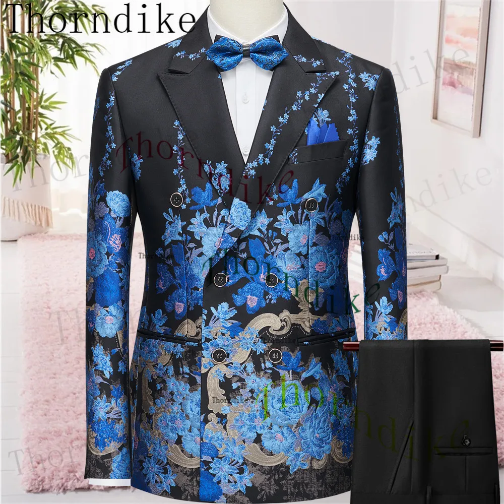 Элегантный Торндайк (куртка + брюки) Модные мужские костюмы для отдыха с синим рисунком, приталенный мужской деловой банкетный костюм, комплект больших размеров