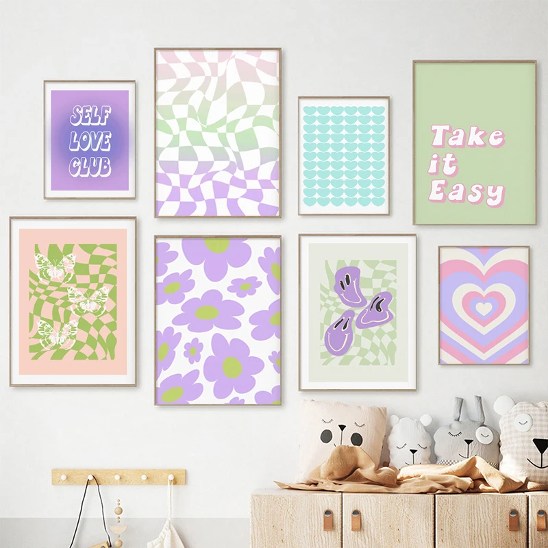 Эстетичный Датский плакат с пастельным принтом, Абстрактная Фиолетово-зеленая картина Canavs, Настенные рисунки Noridc, Коллаж, декор комнаты для подростков