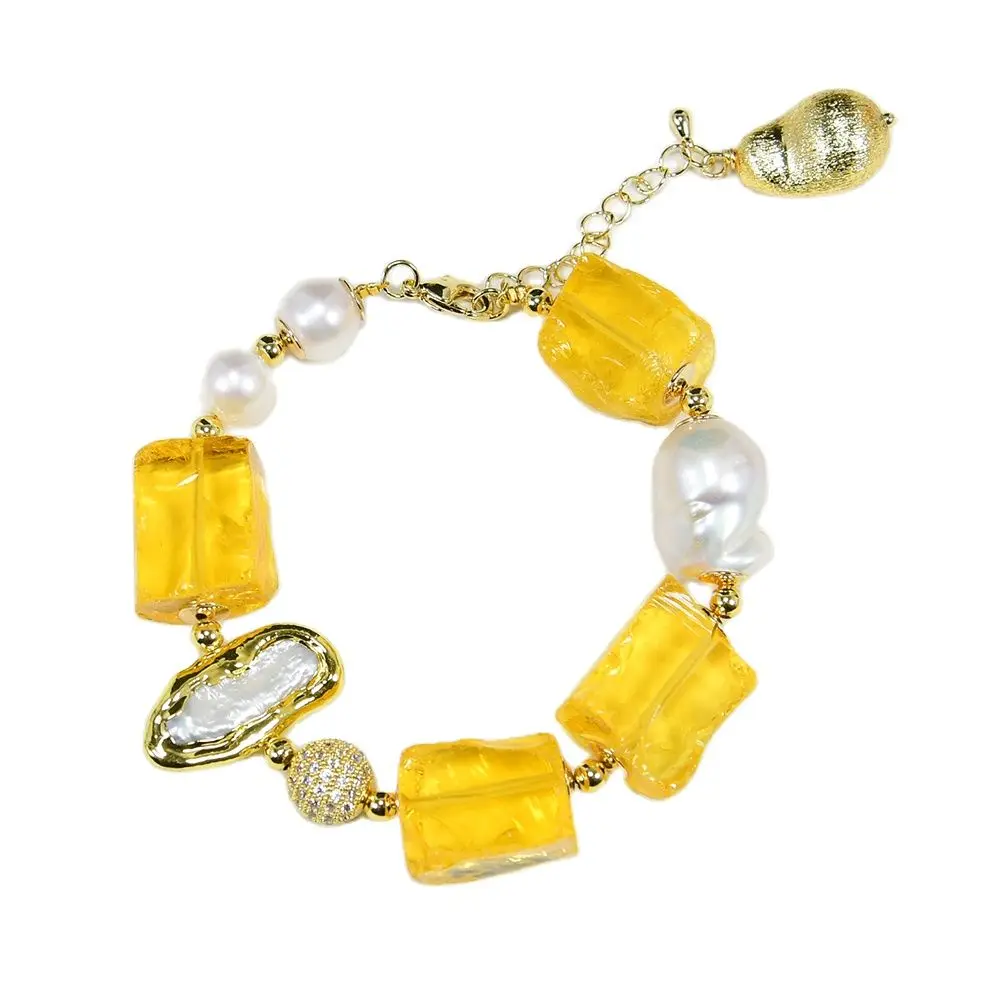 Ювелирные изделия GG из натурального желтого стекла, кварца, необработанного белого жемчуга Бива, пресноводного жемчуга Кеши, CZ Браслета с шариками, подарка для женщин