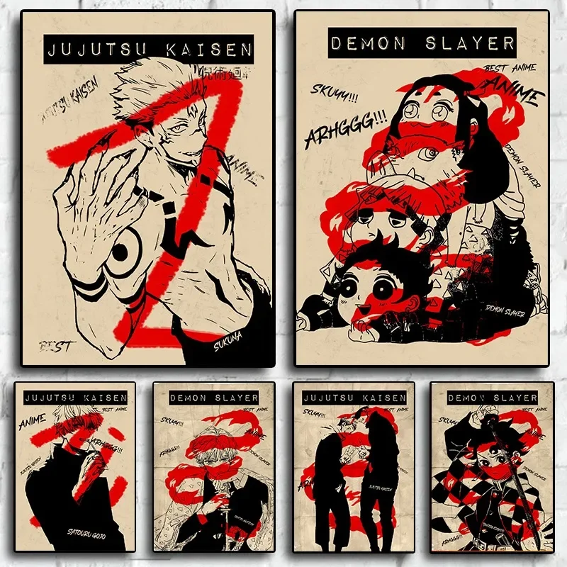 Японское Аниме Ретро Плакаты Demon Slayer Jujutsu Kaisen Мультяшный Персонаж Винтажная Картина На Холсте Настенное Искусство для Домашнего Декора комнаты