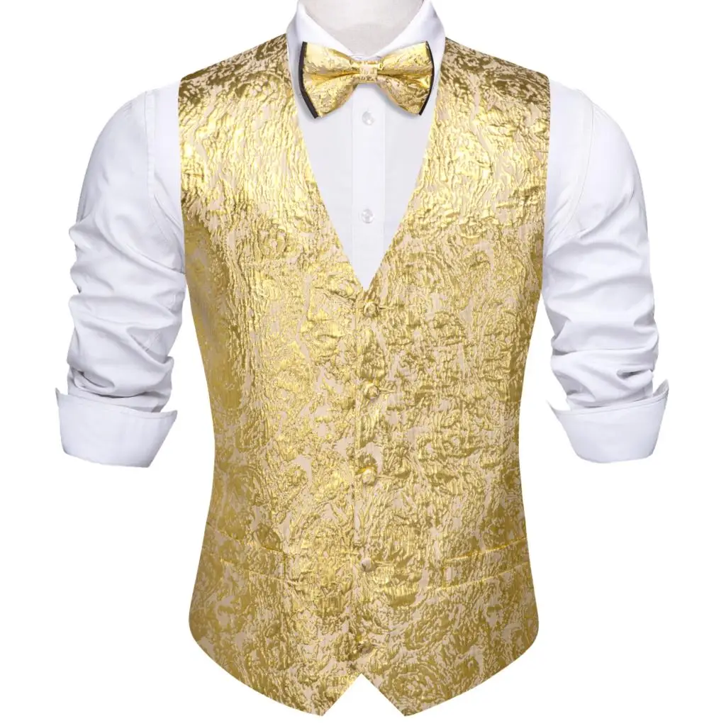 Дизайнерский жилет для мужчин, Шелковый блеск, Желтое золото, Однотонный жилет с галстуком-бабочкой, Вечерняя куртка без рукавов для свадебной вечеринки, Barry Wang