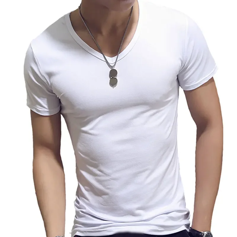 Мужская футболка A2060, модная футболка для фитнеса с V-образным вырезом и коротким рукавом, Летние повседневные однотонные топы для спортзала, большие размеры, тонкий полиэстер