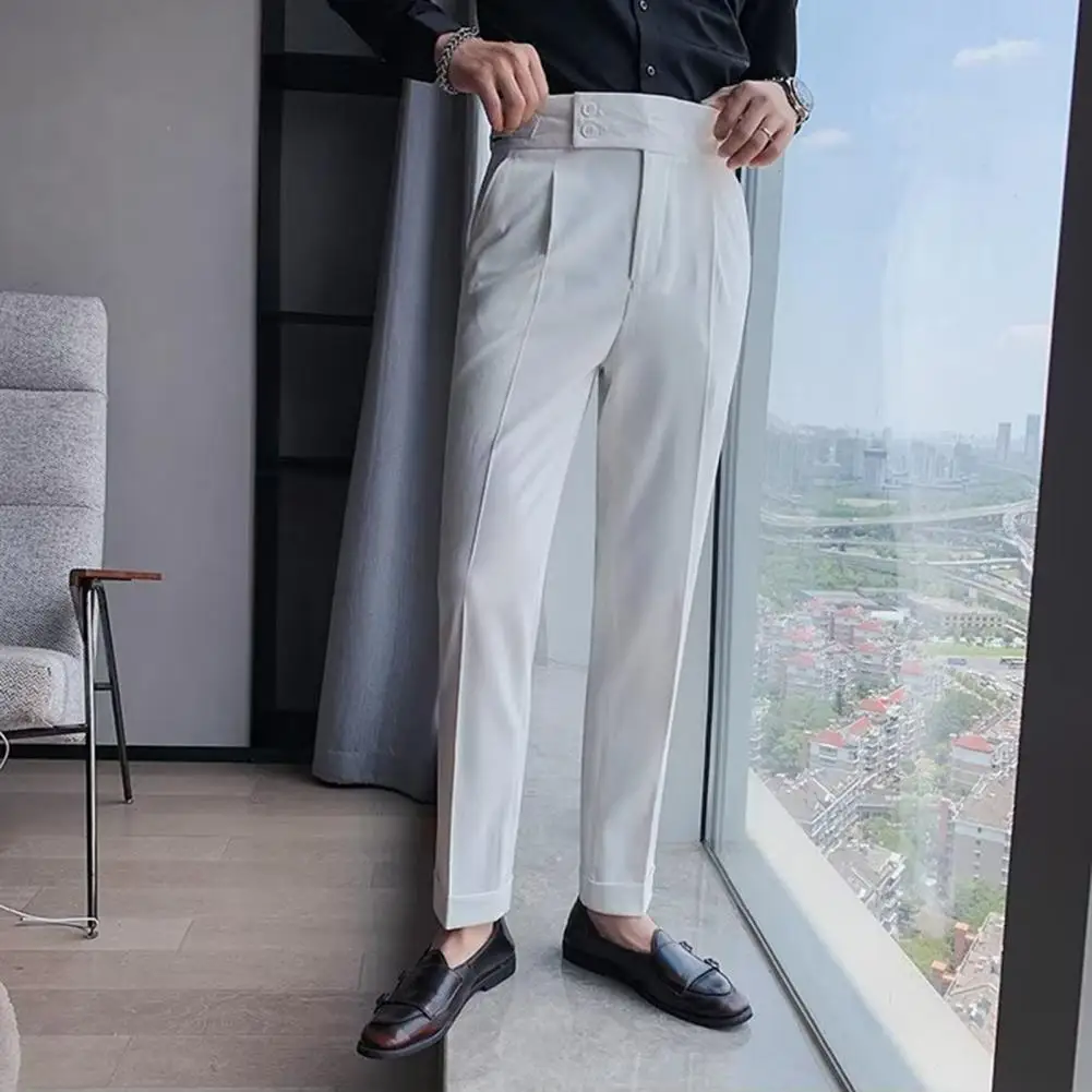 Мужские брюки Винтажные мужские костюмные брюки с высокой талией, приталенные брюки в деловом стиле из мягкой дышащей ткани, классические карманы, приталенные