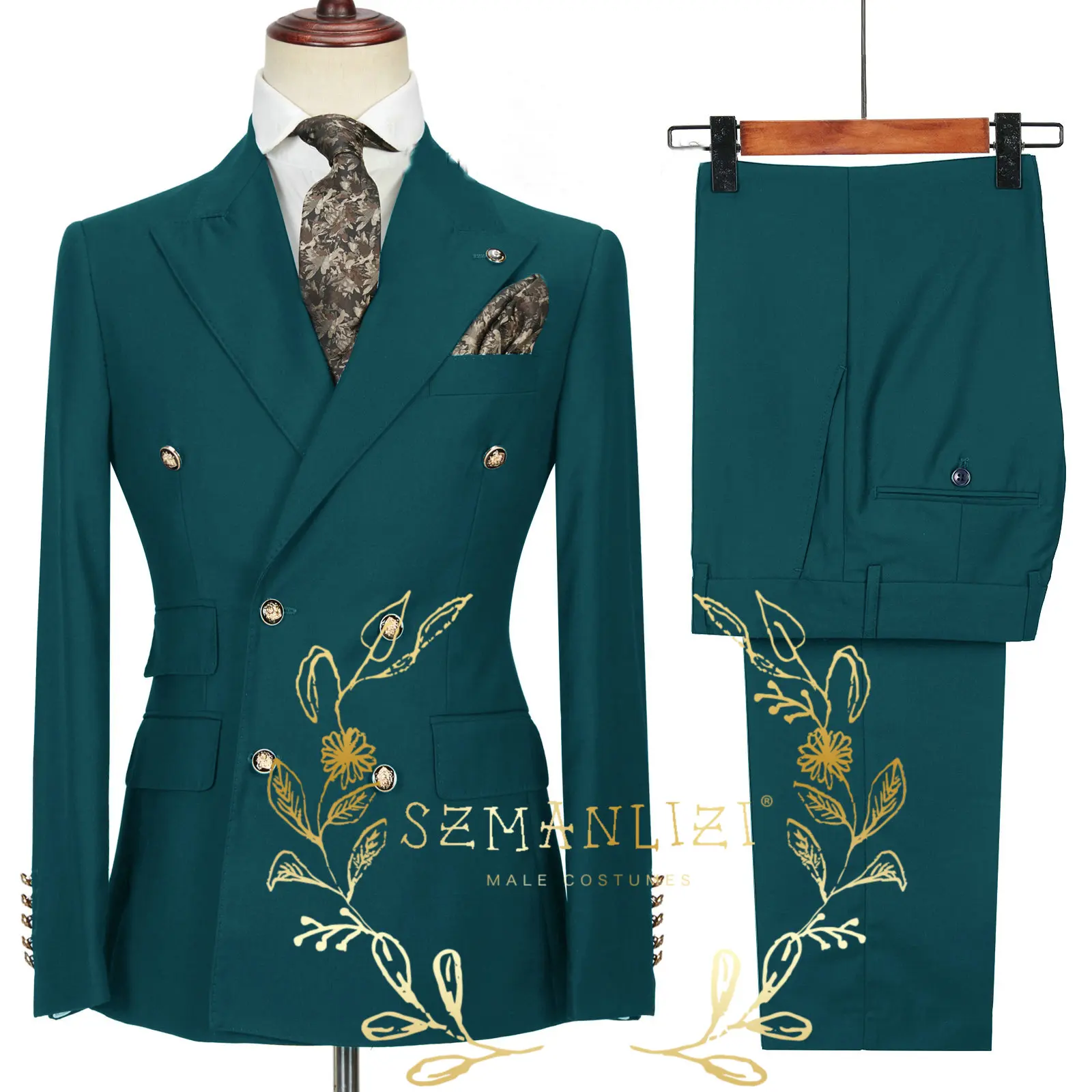 Новейший дизайн пальто и брюк Масляно-зеленый Двубортный Мужской костюм Формальный Приталенный Свадебный Смокинг На заказ Блейзер для жениха Masculino